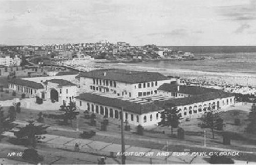 Bondi Beach Surf Pavilion circa 1930 — aerial view with the beach behind, souvenir postcard