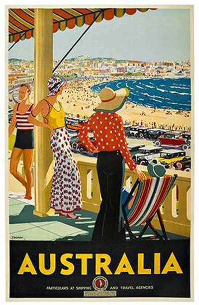 Australia travel poster commissioned in 1929 to promote Bondi Beach — Art Deco style showing two women overlooking a crowded beach